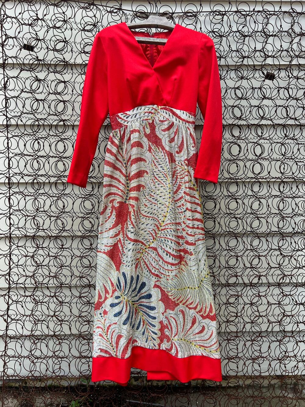 Vintage 60s Orange Polyester Metallic Floral Palm Skirt Wrap V Neck Dress Maxi S